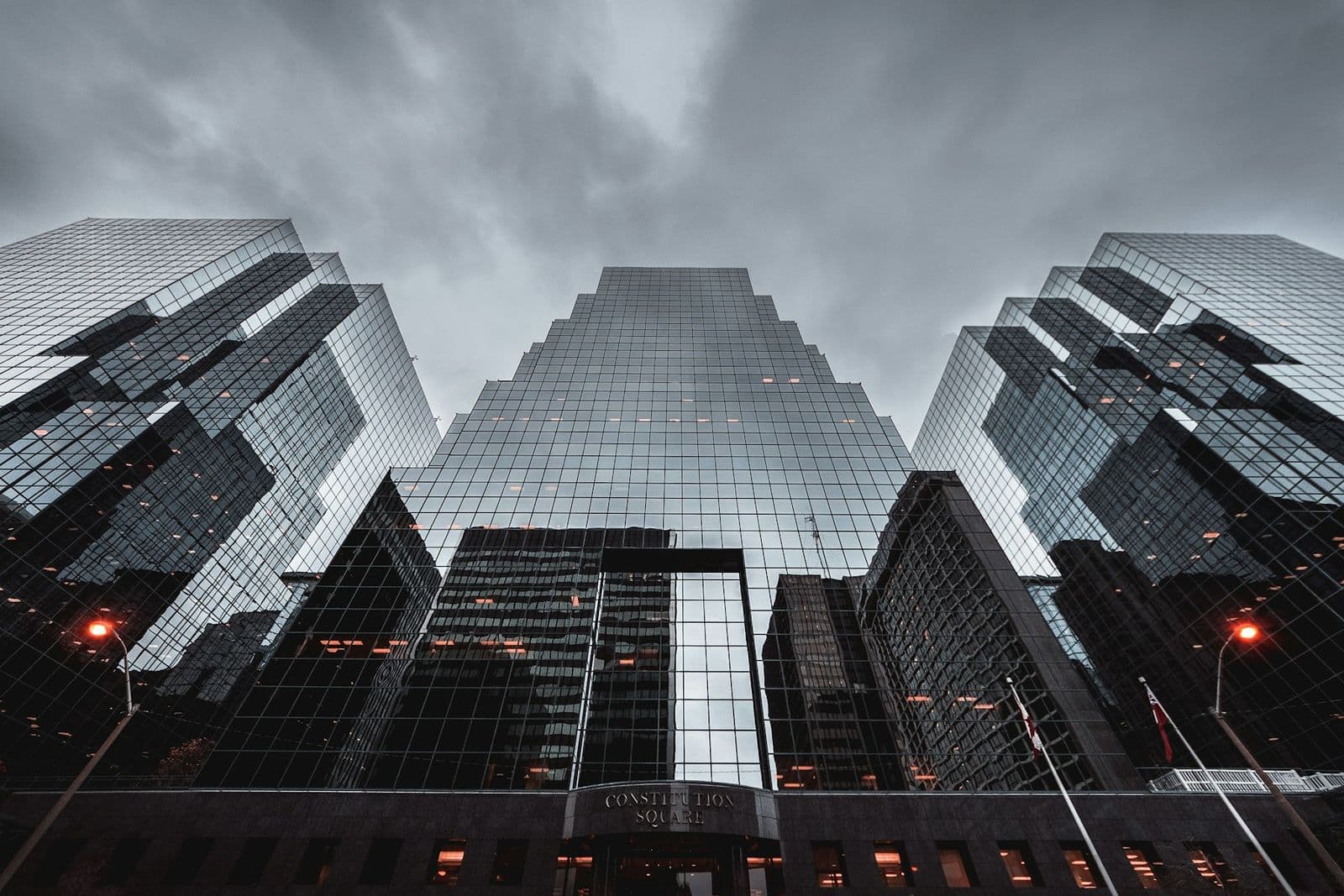Contemporary architecture building exterior at sunset