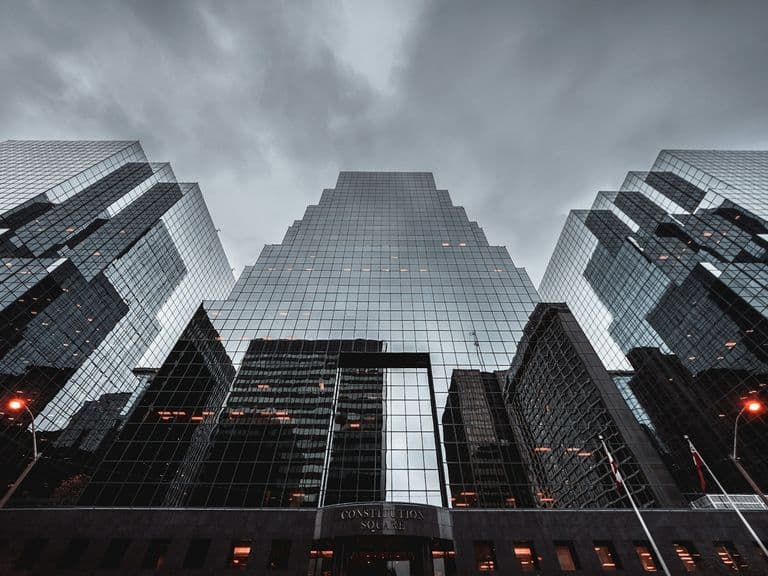 Contemporary architecture building exterior at sunset